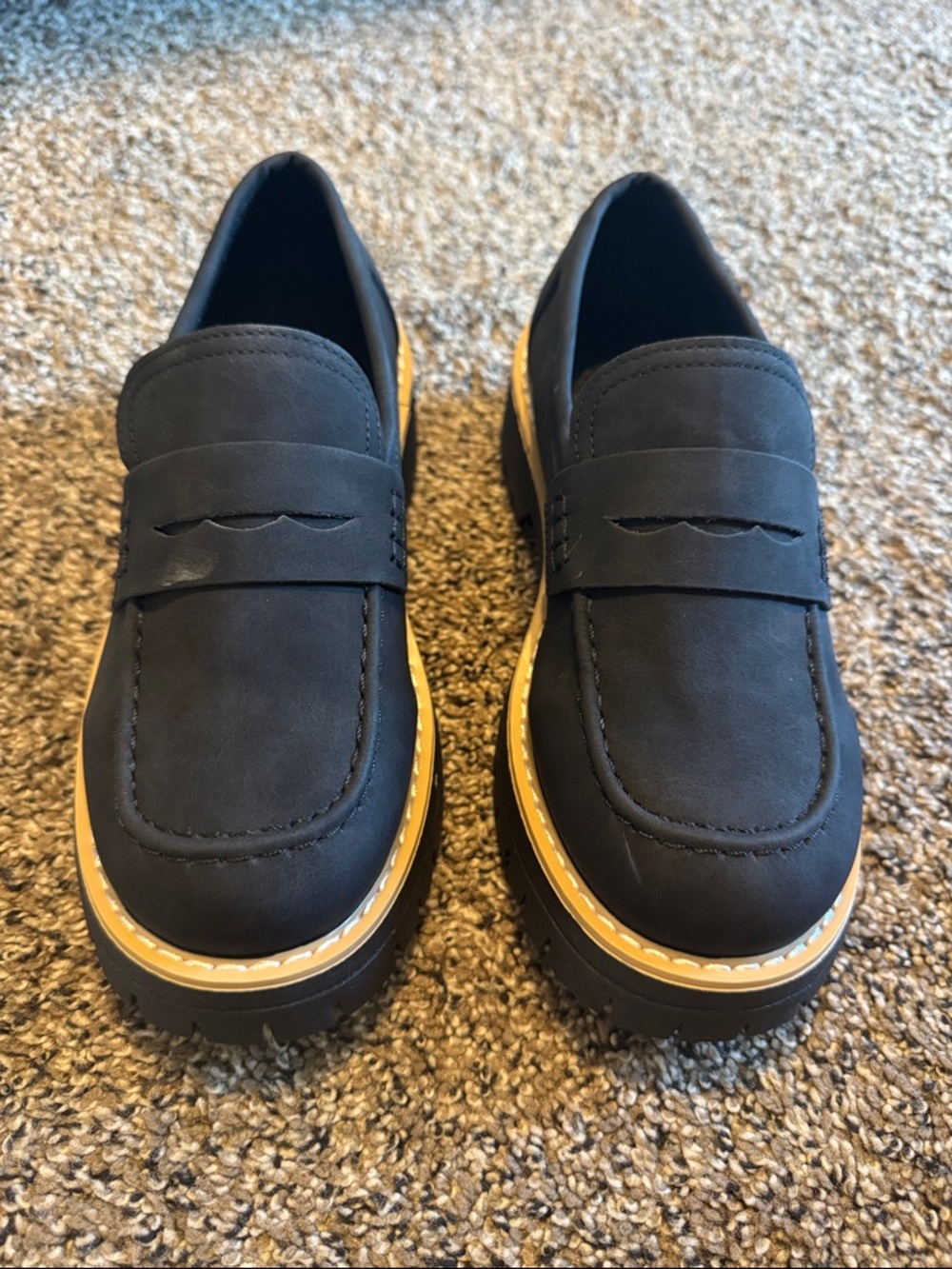 Women's Black Penny Loafers with Contrasting Tan Welt